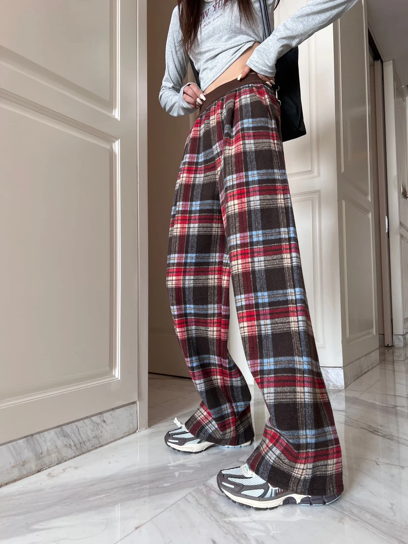 红色格子阔腿裤女秋冬新款高腰垂感显瘦复古直筒休闲裤