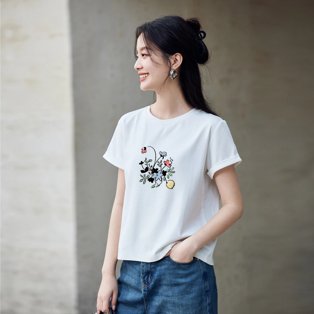 茵曼日常百搭简约时尚短袖T恤24年夏季舒适休闲翻边袖圆领上衣