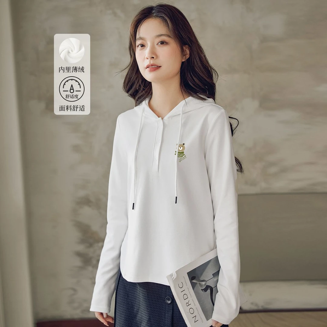 茵曼2024年春季新款薄绒连帽卫衣女舒适百搭简约气质休闲厚上衣女