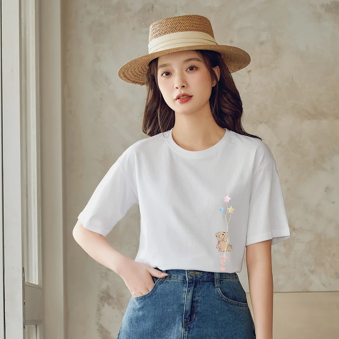 茵曼小熊印花短袖t恤女夏季卡通基础款白色圆领五分袖女款T恤