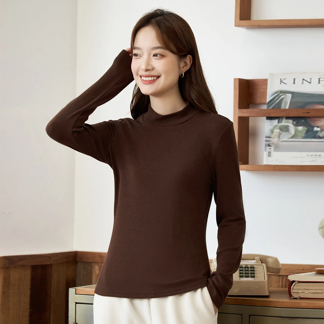 极简风百搭休闲纯色长袖25年春季修身显瘦时尚半高领正肩上衣女