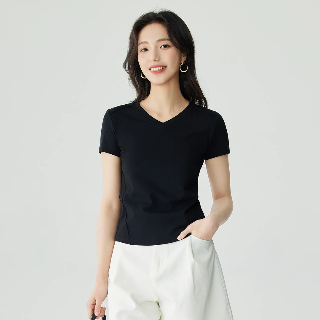 茵曼24年夏季修身显瘦户外运动t恤女纯色休闲百搭正肩v领短袖女士