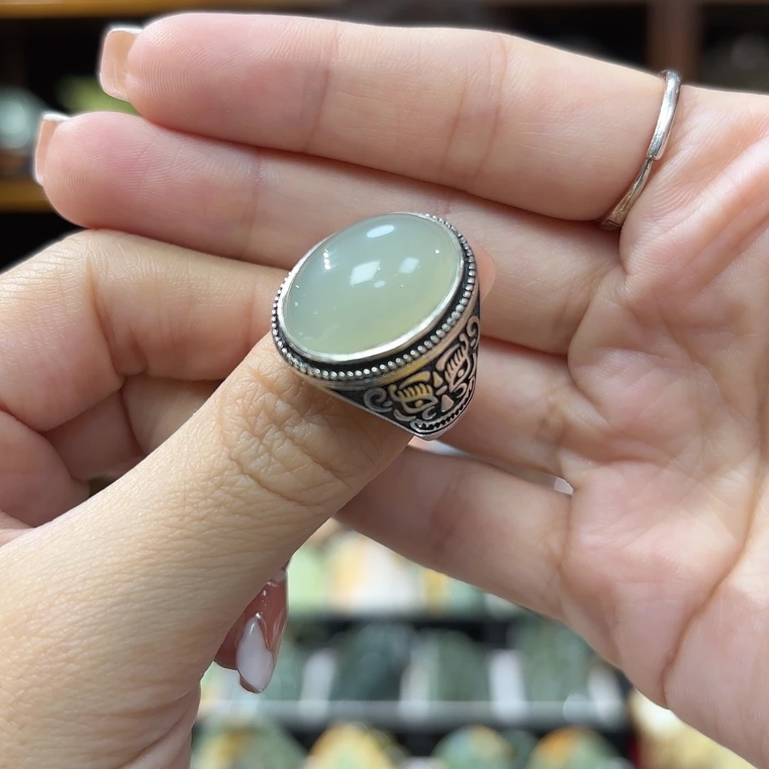 和田玉戒指银S925镶嵌