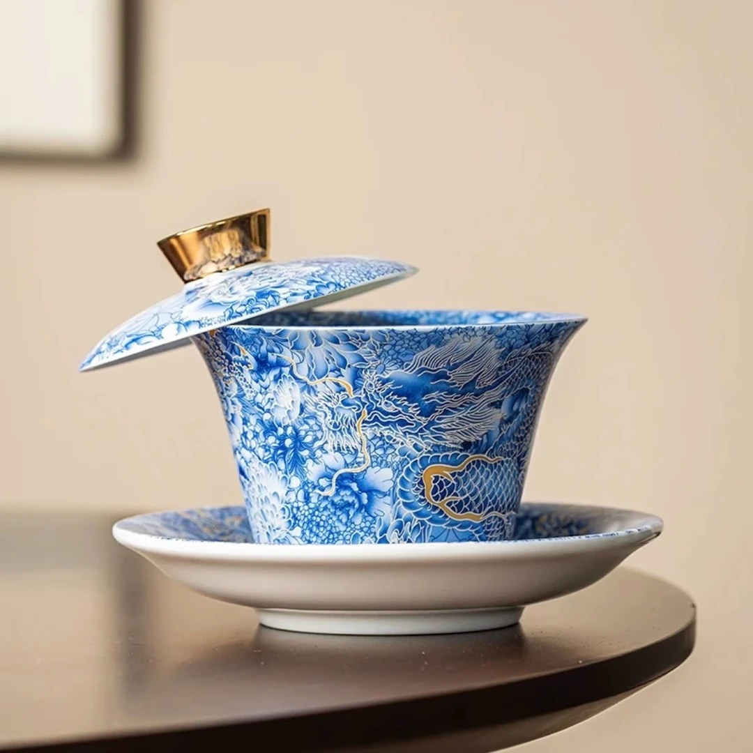 龙腾盛世盖碗可悬停三才泡茶碗功夫茶具泡茶器手工高档陶瓷大茶杯