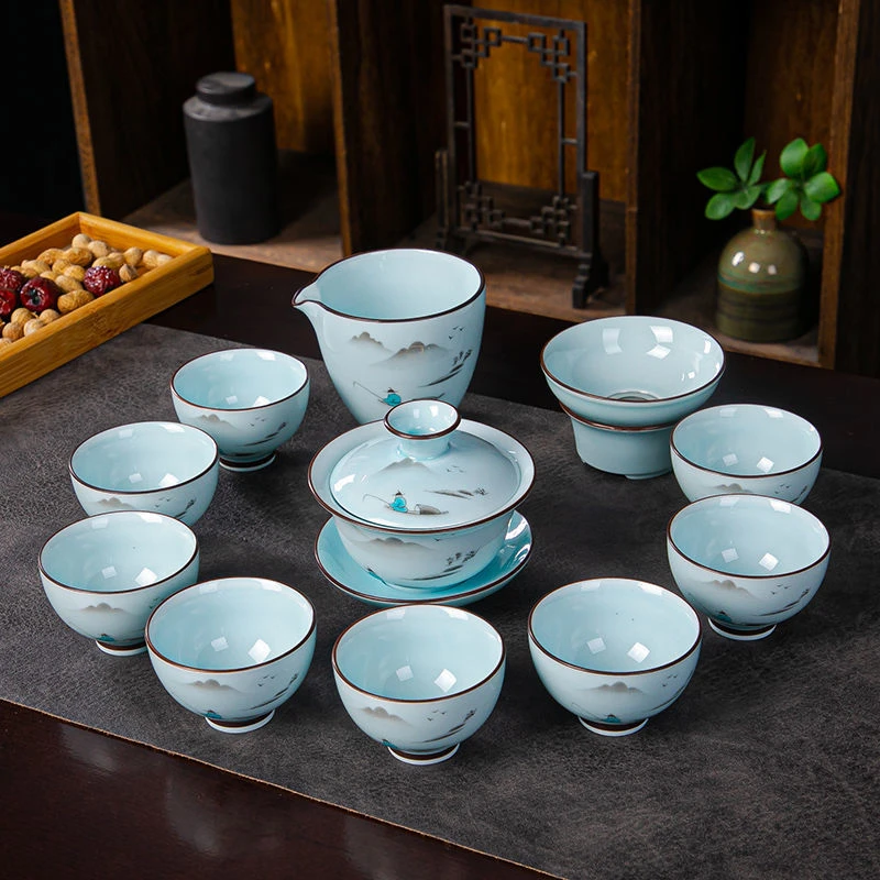 整套功夫茶具现代简约青瓷陶瓷泡茶盖碗茶杯定订制logo礼盒装礼品