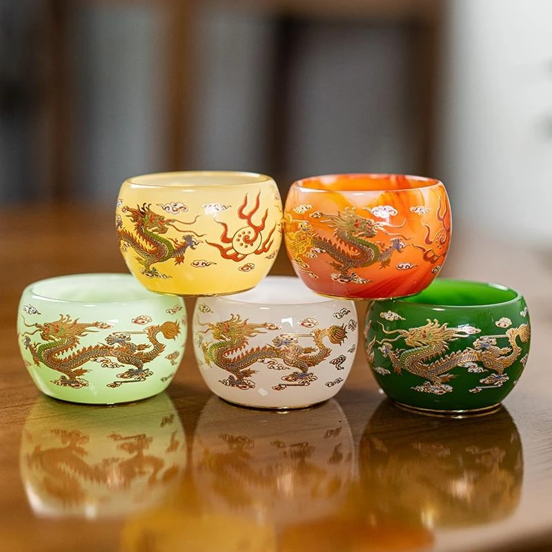 琉璃功夫茶杯主人杯双龙戏珠金福杯个人品茗杯茶杯茶盏家用