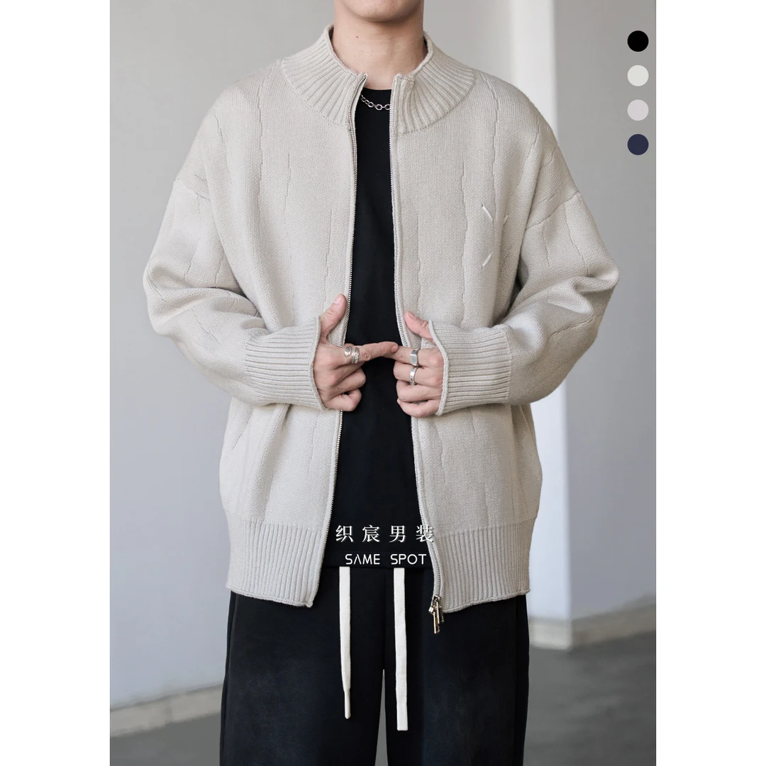 新款秋冬保暖时尚拉链外套毛衫长袖男士百搭立领纯色毛衣8827