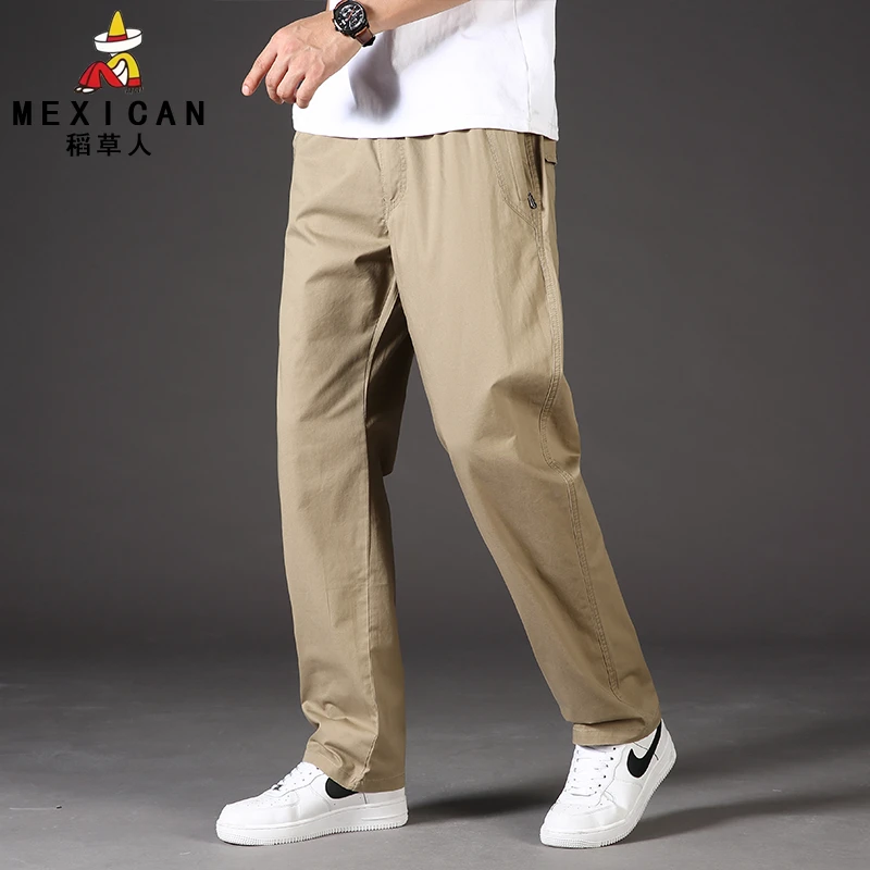 稻草人男士纯棉休闲裤宽松直筒长裤男大码春秋中年休闲工装裤男款