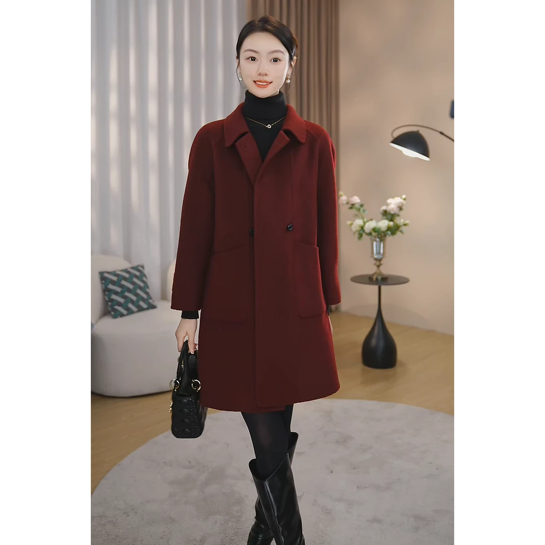 【曼贝】高端定制款轻柔绵羊毛大衣女时尚设计感外套8484039【茜】