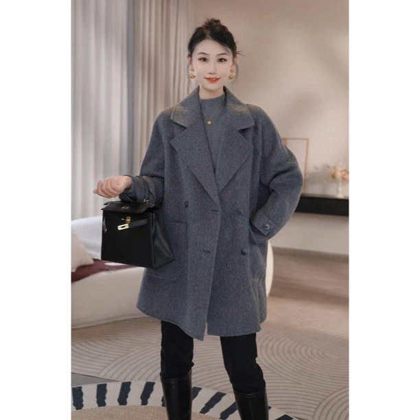 【曼贝】冬季高级感女士双面呢外套高端翻领羊毛大衣8384005【茜】