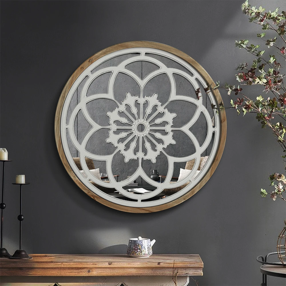 欧式奶油圆形雕花镜子餐厅客厅卧室创意墙面装饰挂件