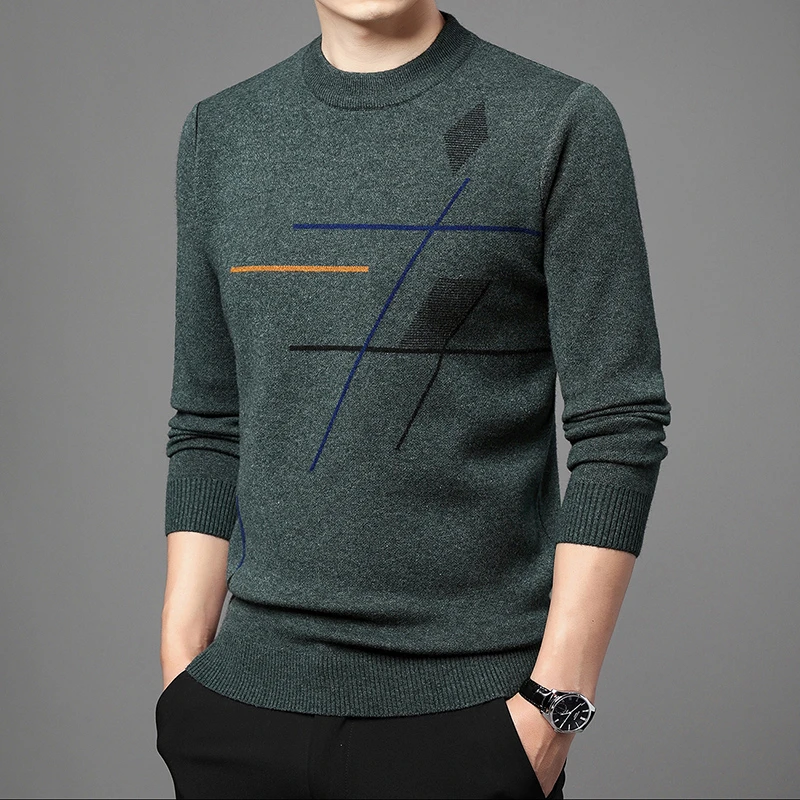 鄂尔多斯市产100%纯羊毛针织衫男士冬季新款圆领宽松毛衣男装打底