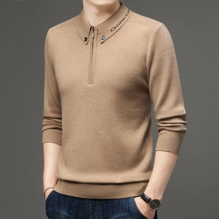 鄂尔多斯市翻领羊毛衫男士休闲冬季中老年拉链纯色针织打底衫毛衣