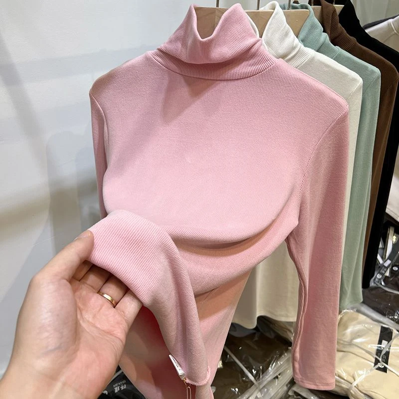 欧货高领柔软磨毛薄绒螺纹长袖T恤女2025秋冬新款内搭打底衫上衣