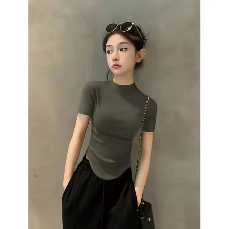 2025夏季半高领短袖打底衫女气质欧货设计感紧身百搭显瘦上衣