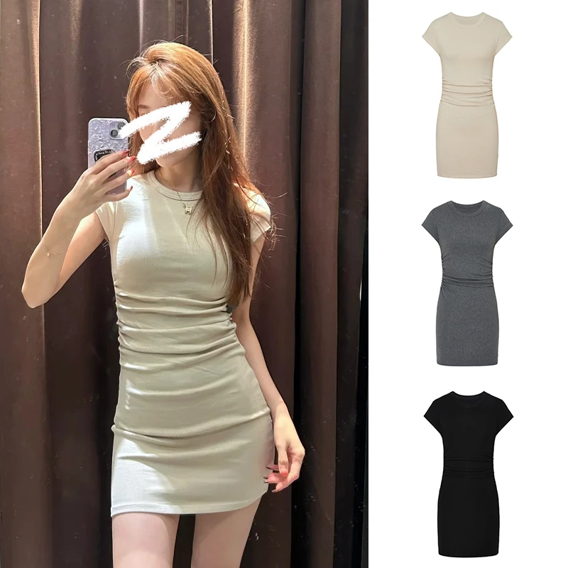 夏季新款收腰短裙气质修身包臀裙辣妹短袖连衣裙女正肩小飞袖裙子