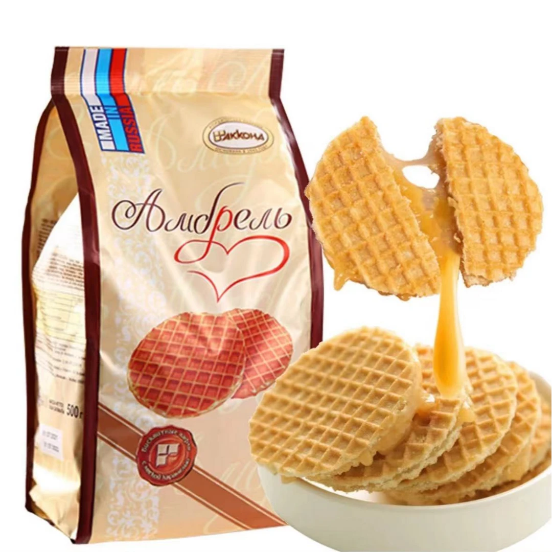 进口俄罗斯蜂蜜饼夹心饼干原装拉丝饼瓦夫饼干食品早餐网红小圆饼