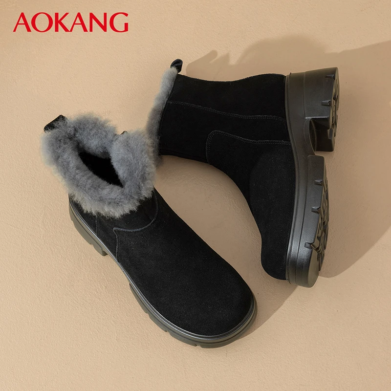 Aokang/奥康女鞋冬季时尚雪地靴冬季加绒女款百搭保暖厚底短靴子