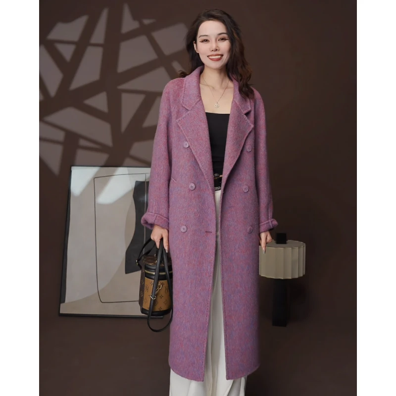 [编号522]高级感桑蚕丝双面羊毛大衣宽松双排扣毛呢外套（禁水洗）