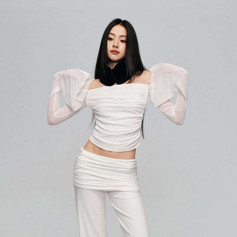 nisabena【白白】原创性感露肩白色T恤显瘦纯欲春夏长袖一字肩上衣