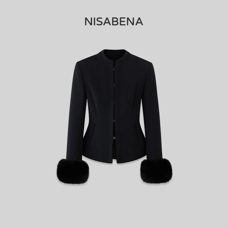 nisabena【锦暮】春小众设计师新中式毛呢修身上衣女外套可拆卸袖口