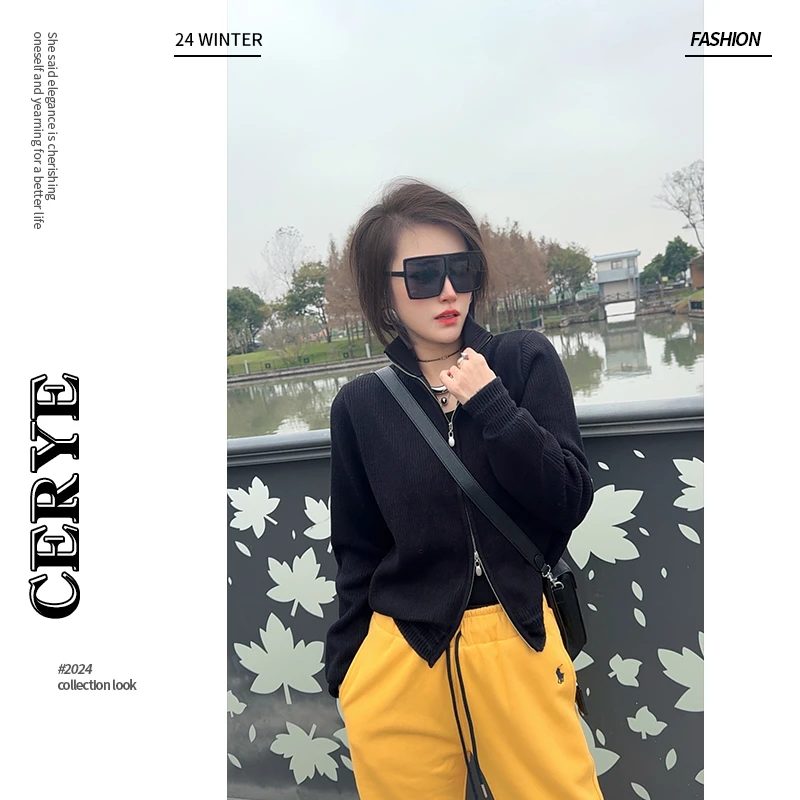 CERYE秋冬季双拉链设计感翻领毛衣开衫针织衫上衣