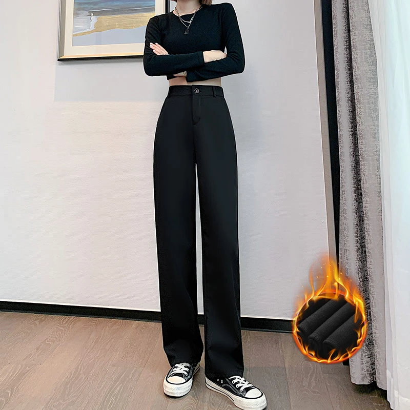 黑色西装裤女秋冬季九分直筒宽松高腰休闲烟管裤加绒加厚阔腿西裤