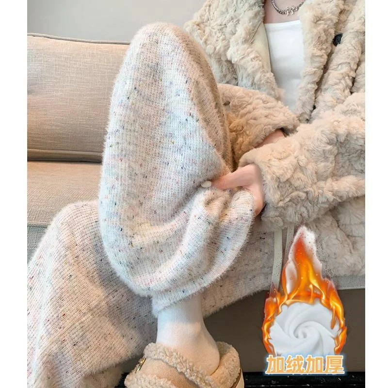 2023百搭彩虹点点加绒糯米裤女秋冬季高腰垂感休闲窄版直筒阔腿长