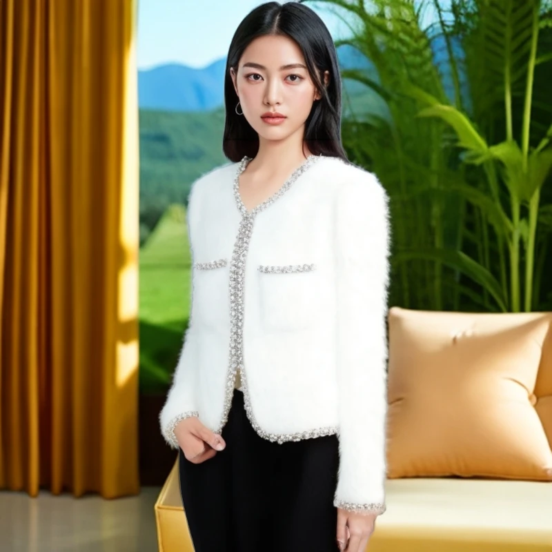 巴洛克晶莹雪绒轻奢洋气百搭重工珍珠钻粗花呢显气质白色小香外套