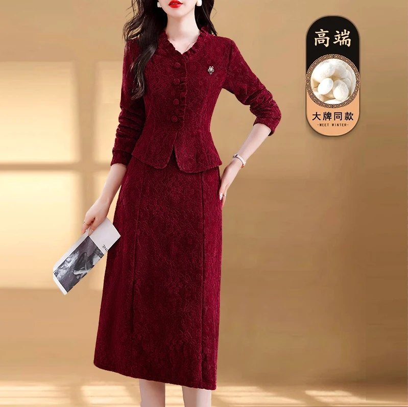 安哥拉红加绒加厚有弹力有口袋送钻石胸针喜庆长袖雪尼尔连衣裙子