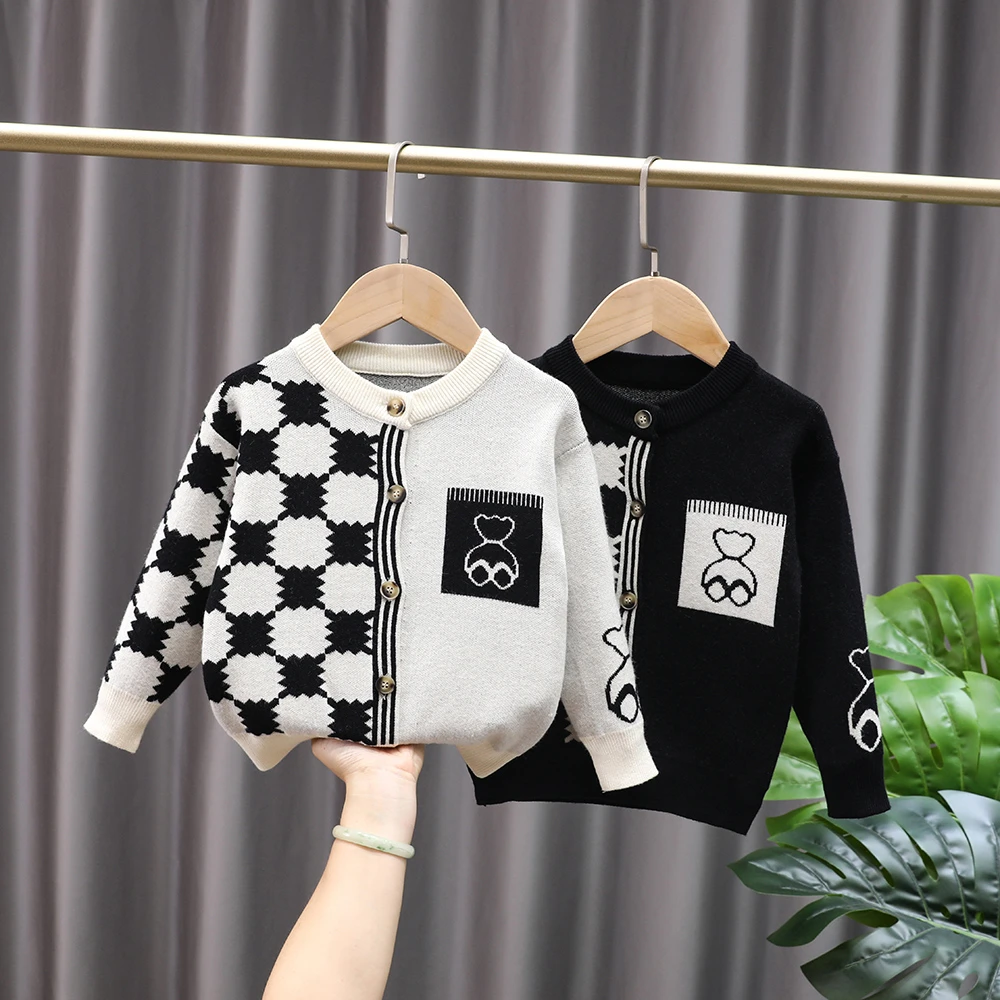 男童针织开衫儿童外套秋冬款2022新款童装爆款黑白格上衣