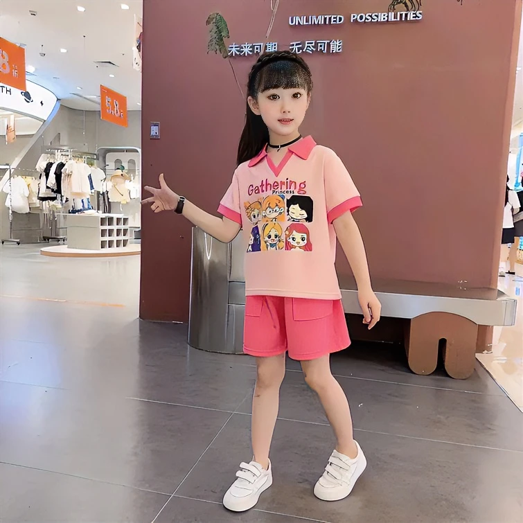 女童短袖T恤夏季2025新款儿童洋气时尚上衣女孩卡通休闲polo衫潮