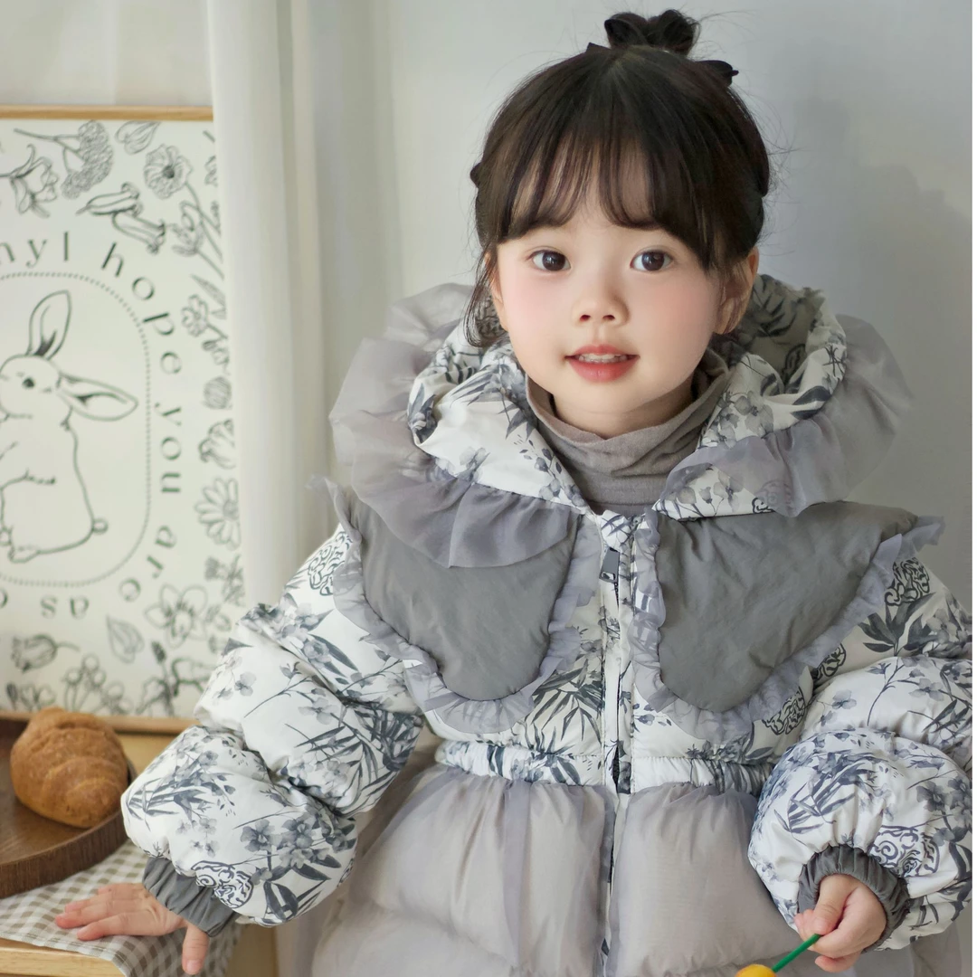 【水墨江南】儿童女童中长款国风花边连帽冬季保暖洋气加厚防寒外套