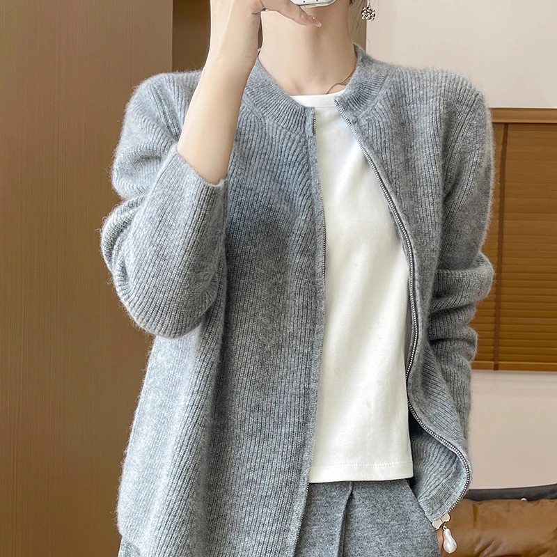 斜双拉链立领100%纯羊毛开衫女宽松百搭针织毛衣外套