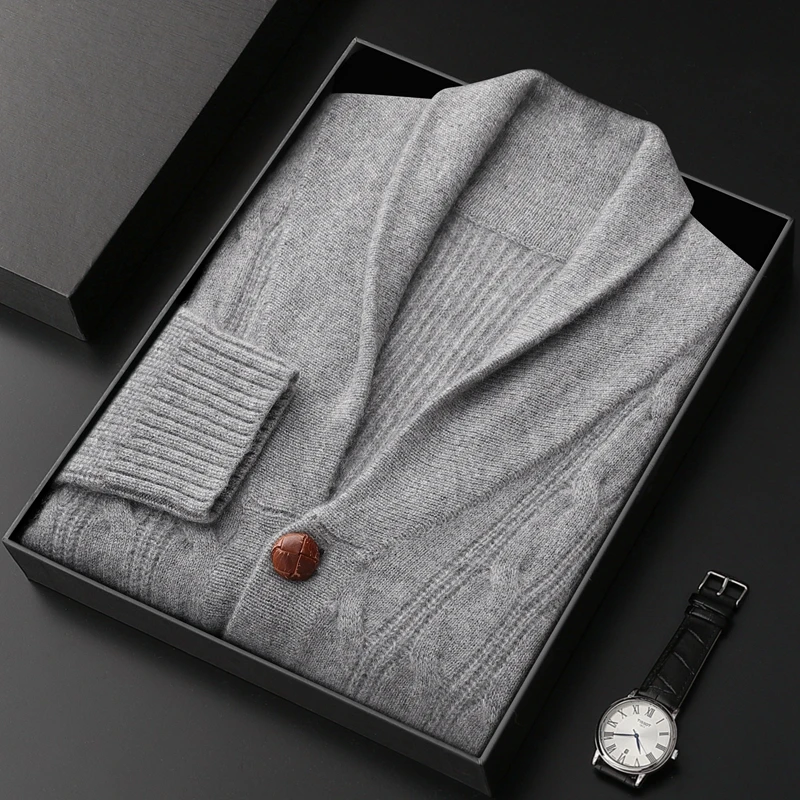 【重磅加厚】男士纯羊绒开衫秋冬宽松V领毛衣外套休闲商务针织上衣