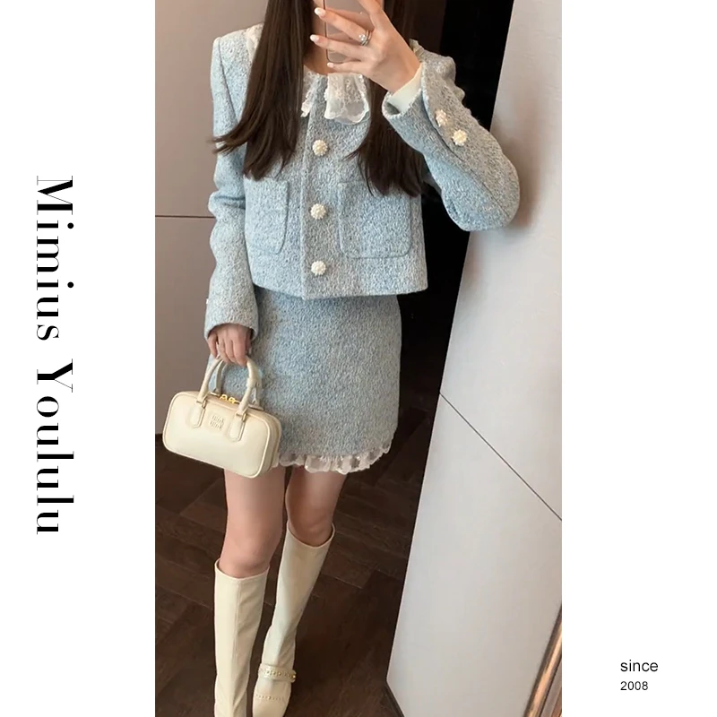 【mimius】&游鹿鹿高奢线海蓝半梦进口粗花呢精致外套+裙裤 F08234