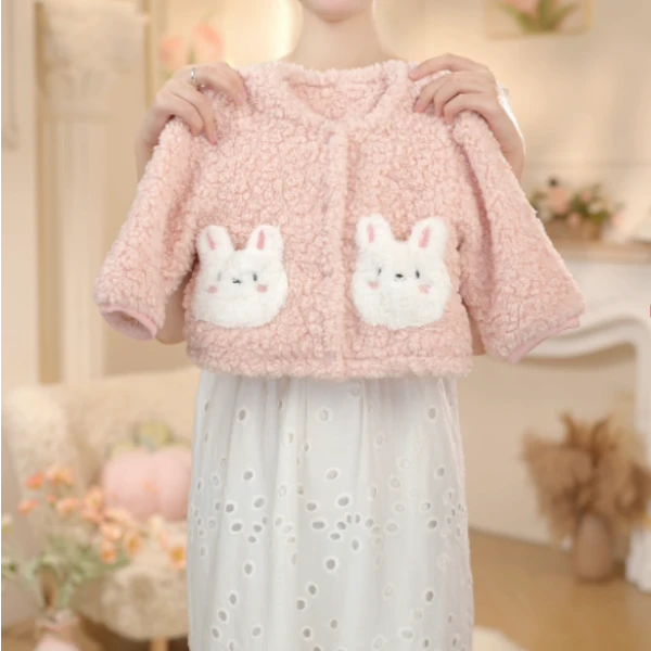 【096】2024年新款女童粉色加绒毛毛小兔子外套