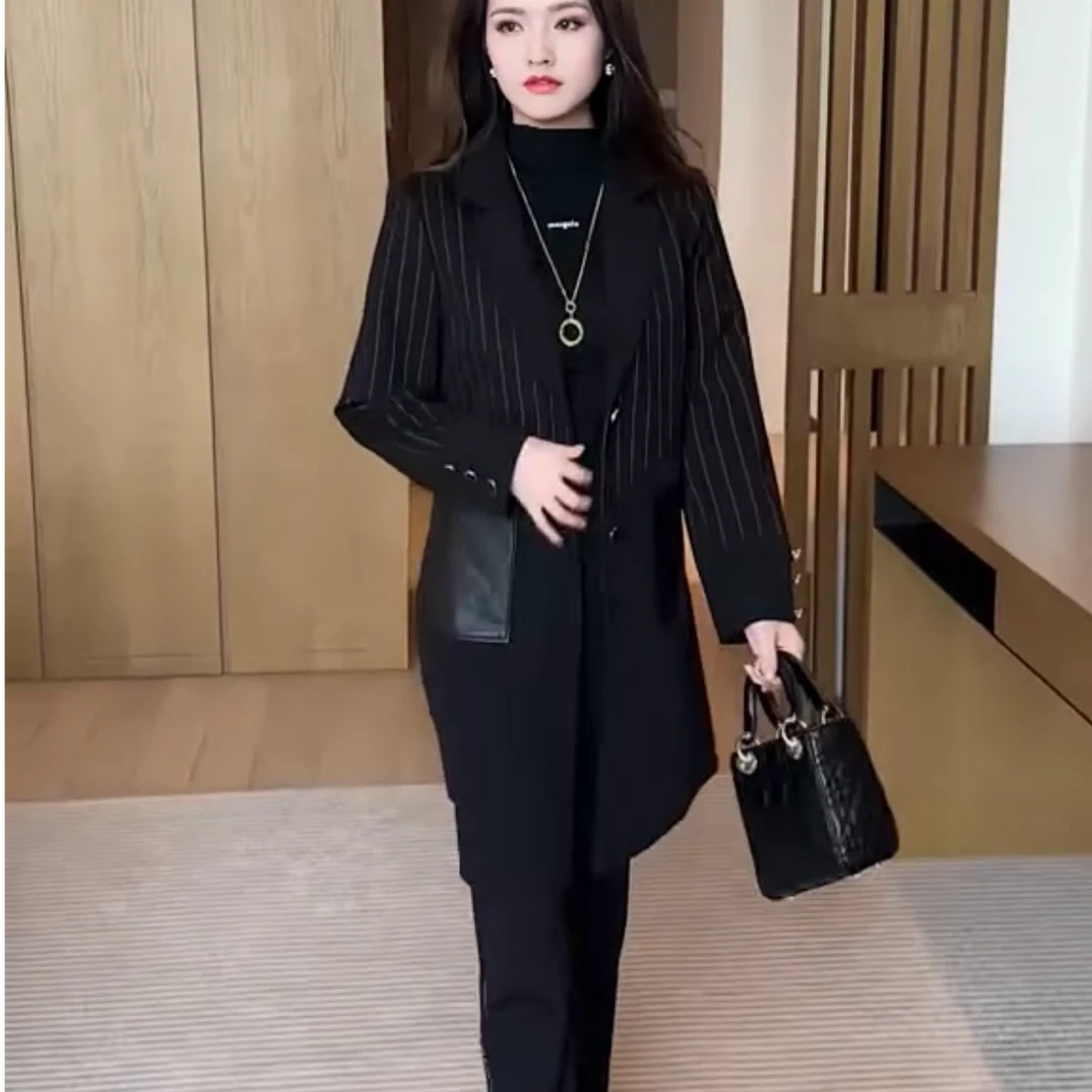 中长款洋气质修身显瘦西装领气质拼接条纹外套2024秋季新款风衣女