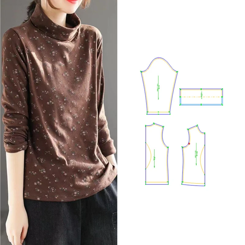 服装纸样624印花高领T恤衫女士打底内搭长袖上衣缝纫裁剪图DIY