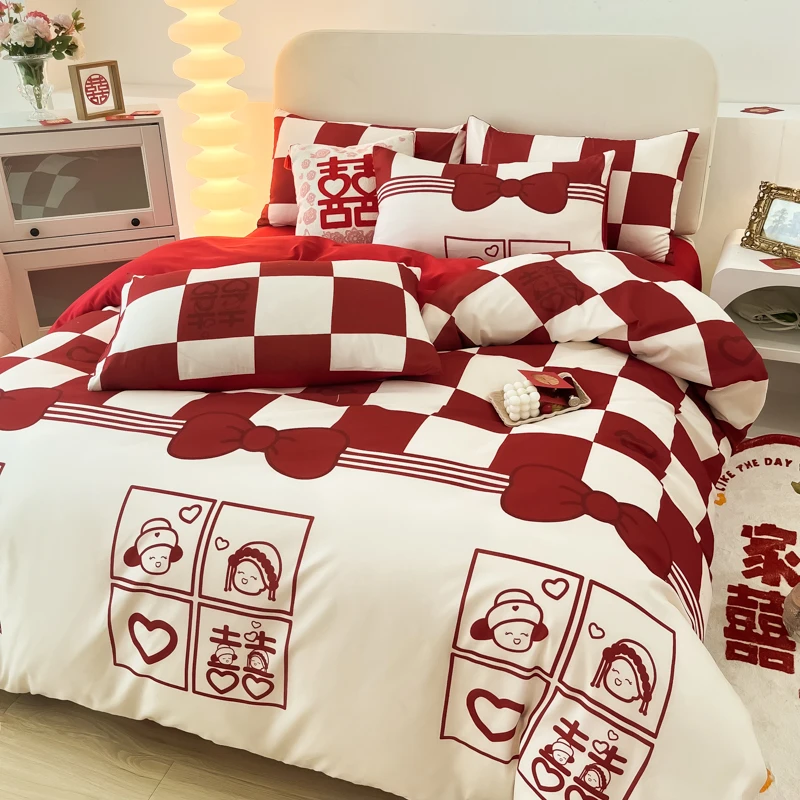 婚庆全棉四件套大红色纯棉床单喜被新结婚房礼嫁喜庆中式床上用品