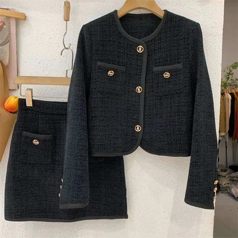 7765#圆领外套短半身裙两件套女秋冬季气质名媛黑色小香风套装裙