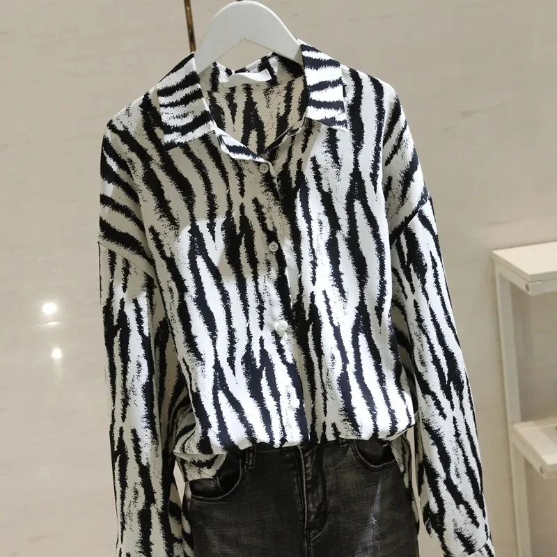 通天9935#豹纹雪纺百搭衬衫女长袖春秋宽松显瘦设计感小众衬衣