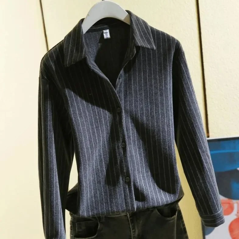 8890原版磨毛加厚条纹衬衫女2023新款秋冬百搭上衣女打底韩版时尚