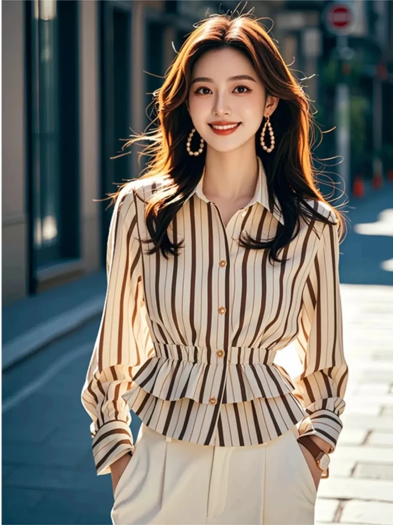 2554#独特漂亮条纹收腰长袖衬衫女秋季新款复古港风高级感上衣