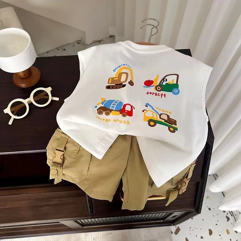 儿童背心纯棉T恤宝宝上衣夏季2025新款印花中小童时尚宽松帅气