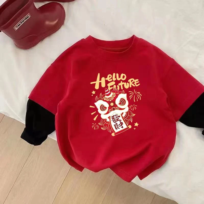 纯棉儿童长袖宝宝上衣打底衫春秋新款过年拜年圆领长袖T恤上衣潮