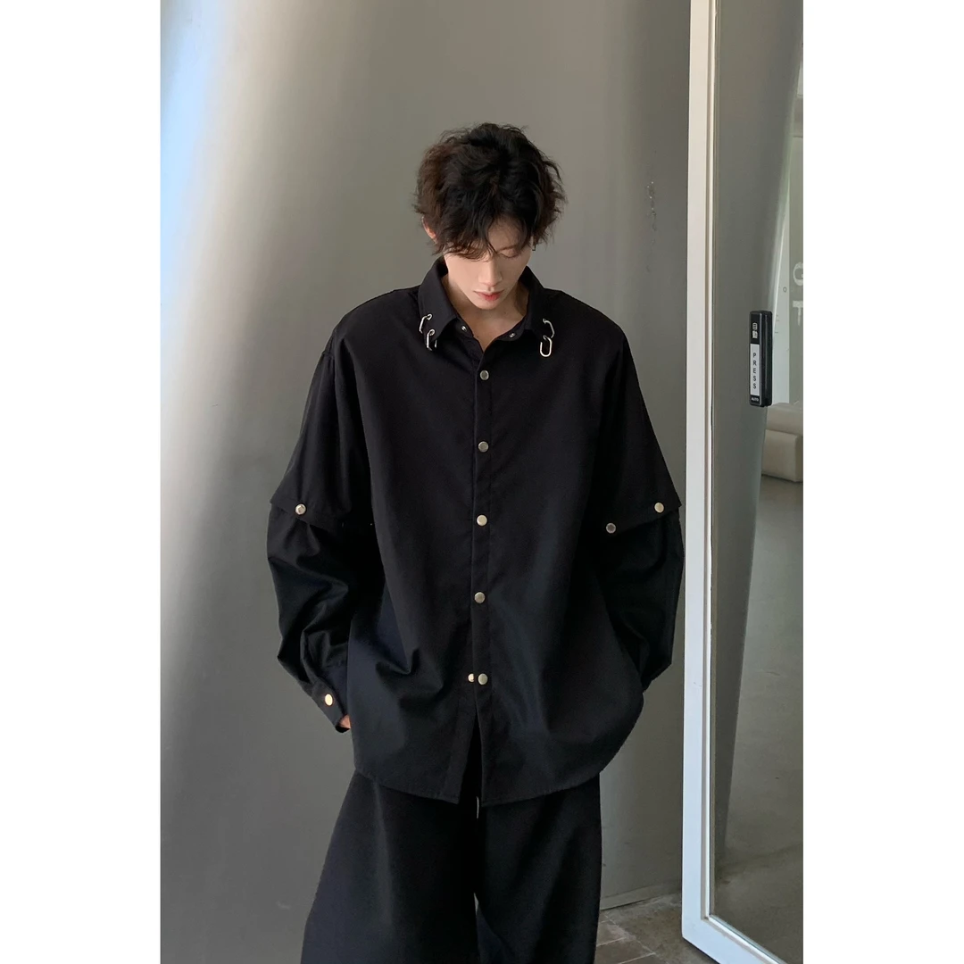 美式ins高街暗黑系衬衫男长袖城市机能工装潮牌长袖衬衣外套痞帅