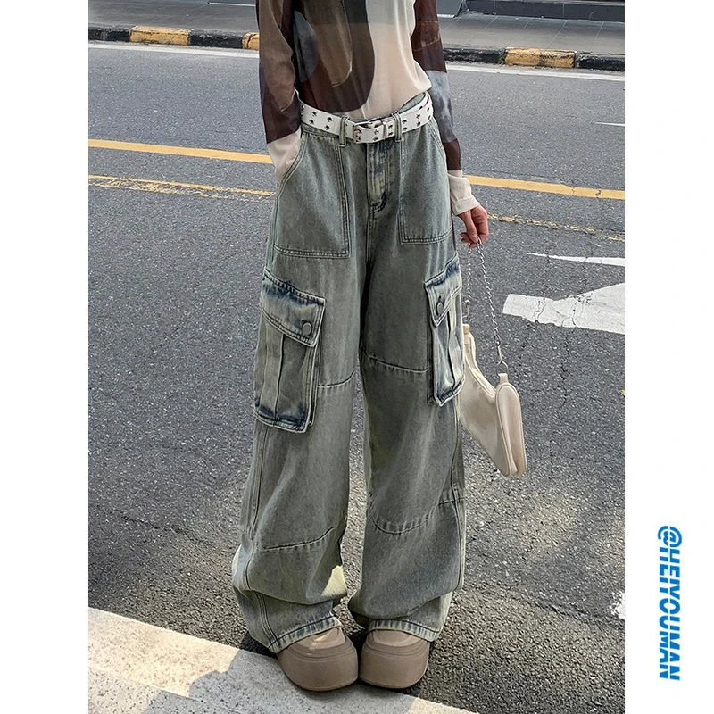 美式复古做旧工装牛仔裤男女同款ins风直筒阔腿高街潮牌裤子百搭