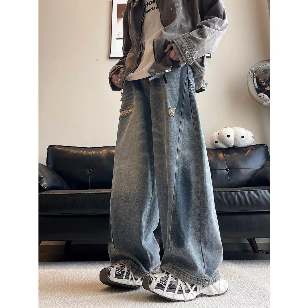 美式阔腿弯刀牛仔裤男vibe高街潮牌破洞涂鸦拖地裤炸街高级感裤子