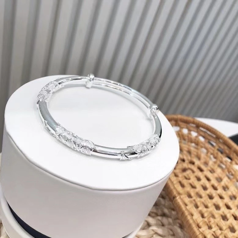 足银手镯 足银999繁花似锦圆肚推拉纯银手镯足银实心镯子精美百搭